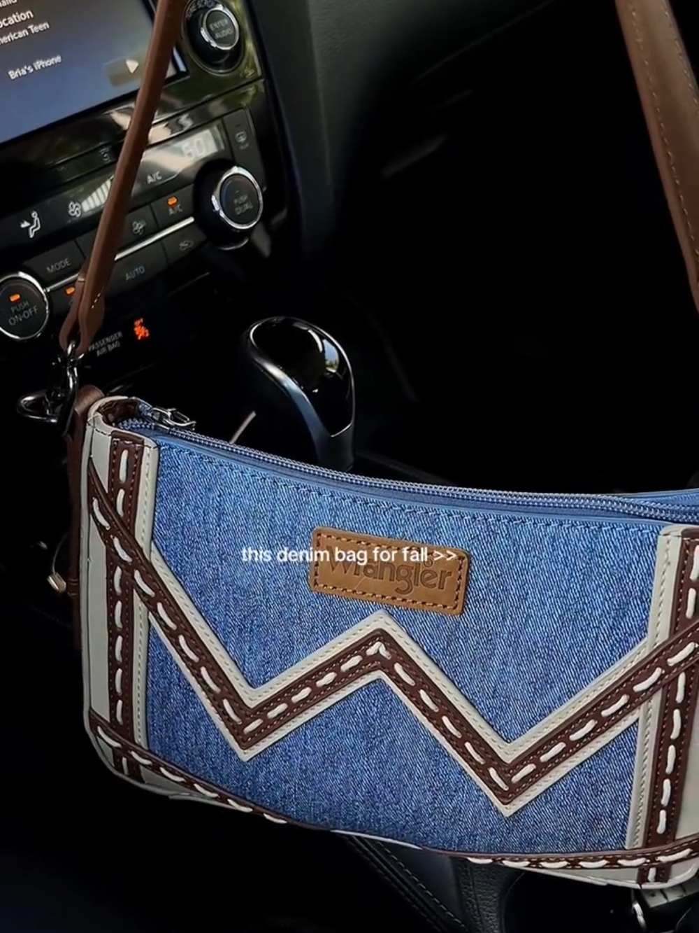 Wrangler Denim Shoulder Bag with Chevron Stitching in Blue and Brown - Picture 5 of 6